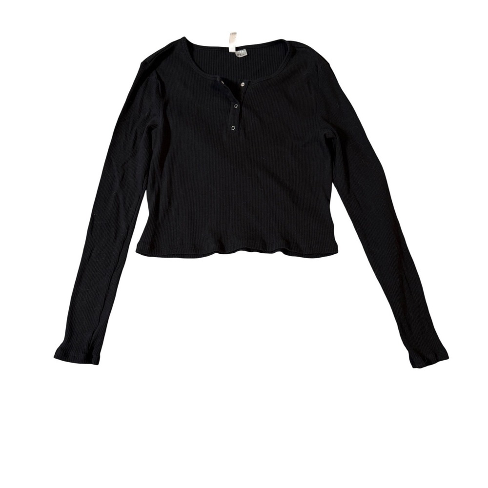 H&M Divided‎ Size Medium Black Long Sleeve Shirt Ribbed Quarter Button Causal